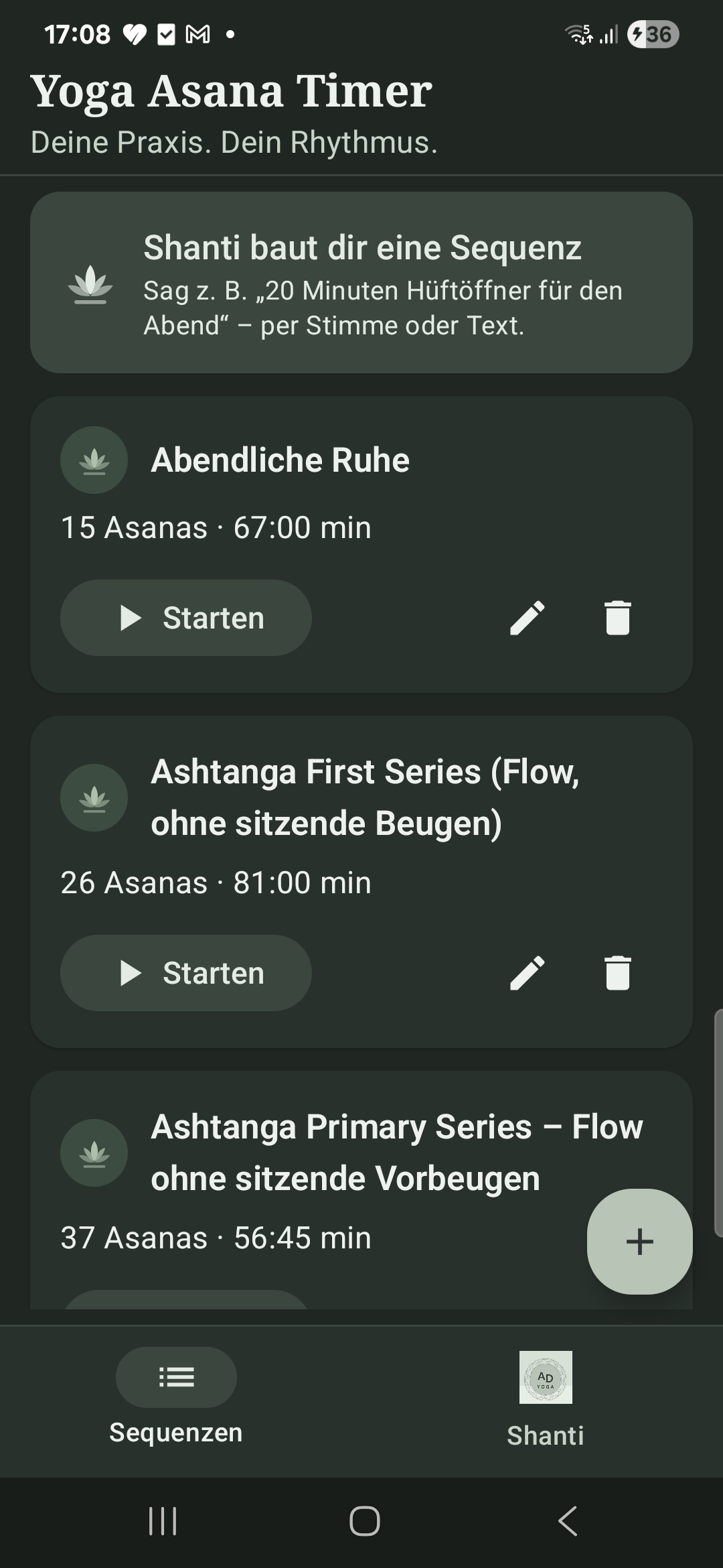 Yoga Asana Timer on the phone: Shanti builds sequences by voice or text, saved flows listed below